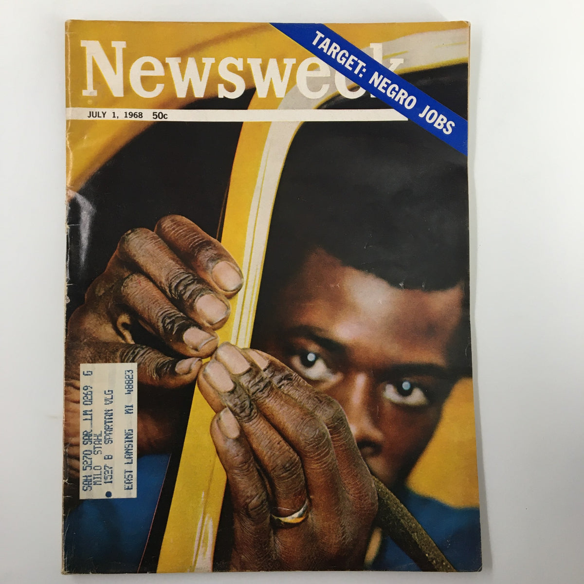 Cover of VTG Newsweek Magazine from July 1, 1968, featuring the headline 'Target: Negro Jobs' and a close-up image of a young African American man's hands and face, indicating the focus on African American employment opportunities during the civil rights movement.