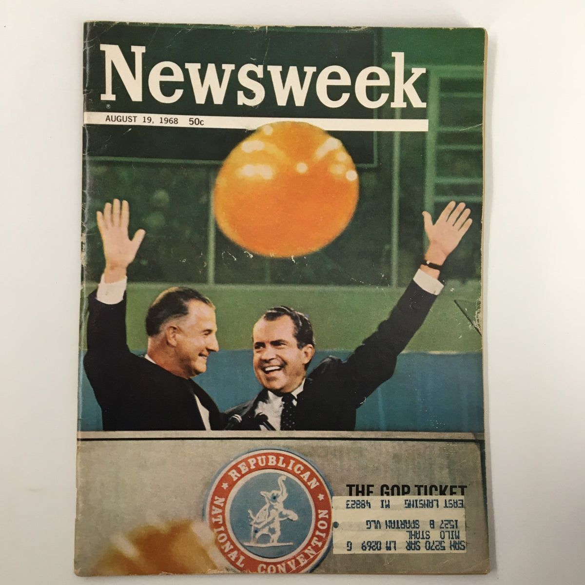 VTG Newsweek Magazine August 19 1968 featuring Spiro Agnew and Richard Nixon joyfully celebrating at the Republican National Convention, with a vibrant orange balloon in the background.