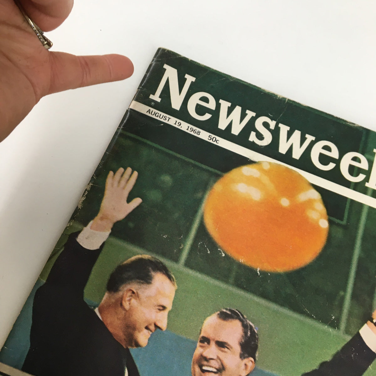 Close-up view of VTG Newsweek Magazine August 19 1968, showcasing Spiro Agnew and Richard Nixon with hands raised in celebration at the Republican National Convention.
