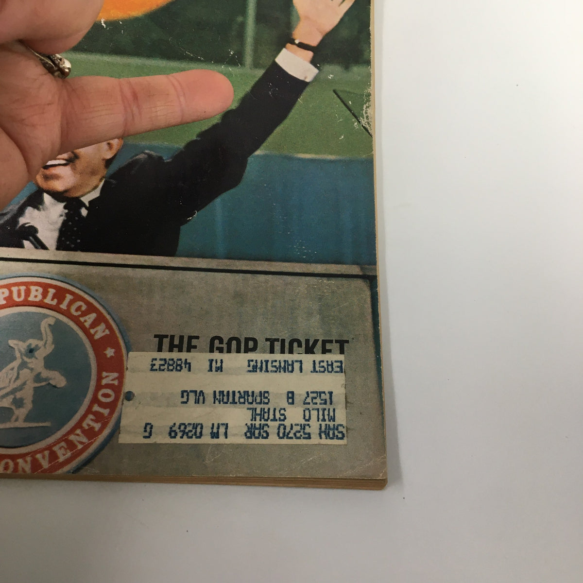 Close-up of VTG Newsweek Magazine from August 19, 1968 showcasing Spiro Agnew and Richard Nixon, highlighting the GOP ticket label and vintage details.