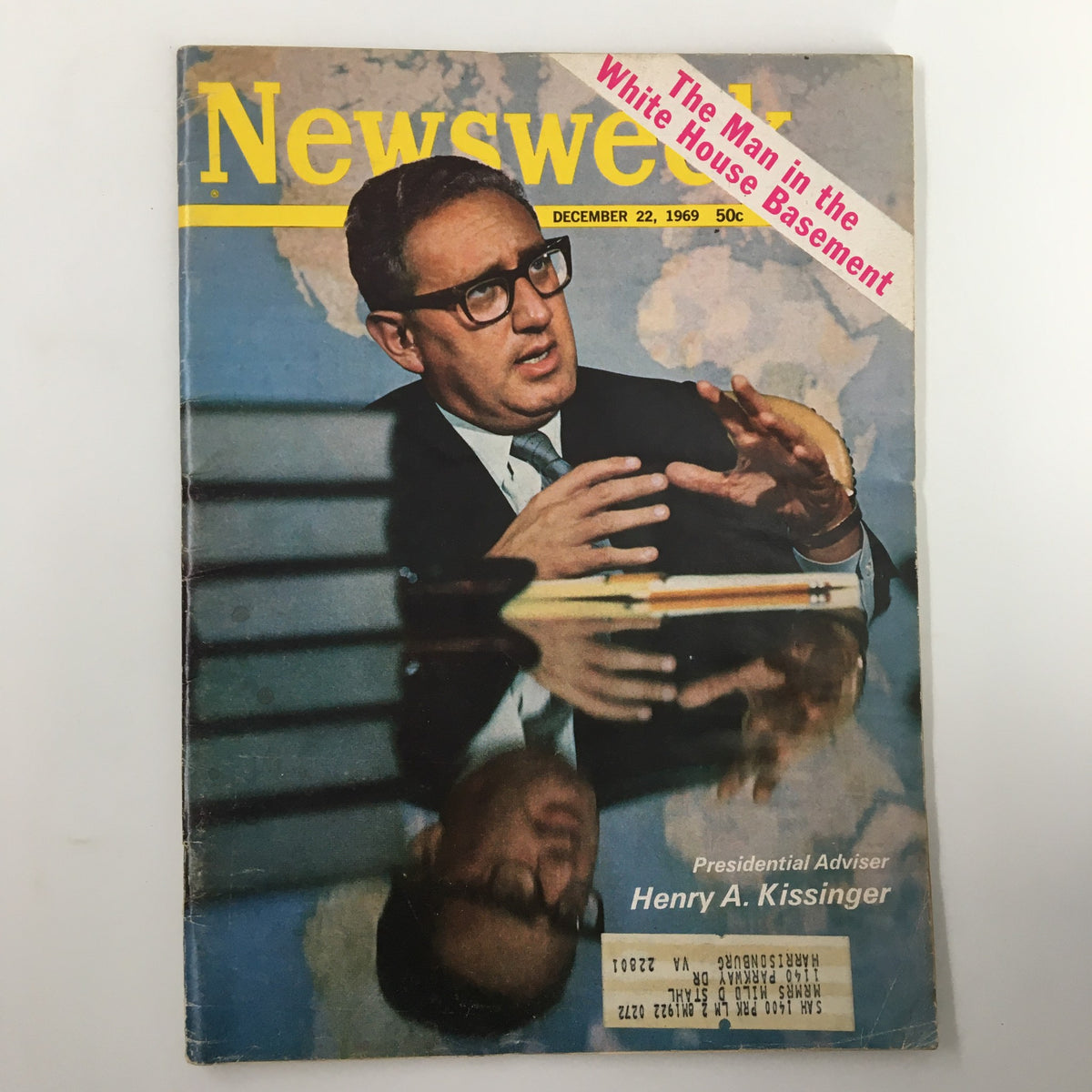 Cover of VTG Newsweek Magazine dated December 22, 1969, featuring presidential adviser Henry A. Kissinger, highlighting political discussions with a reflection in the table.