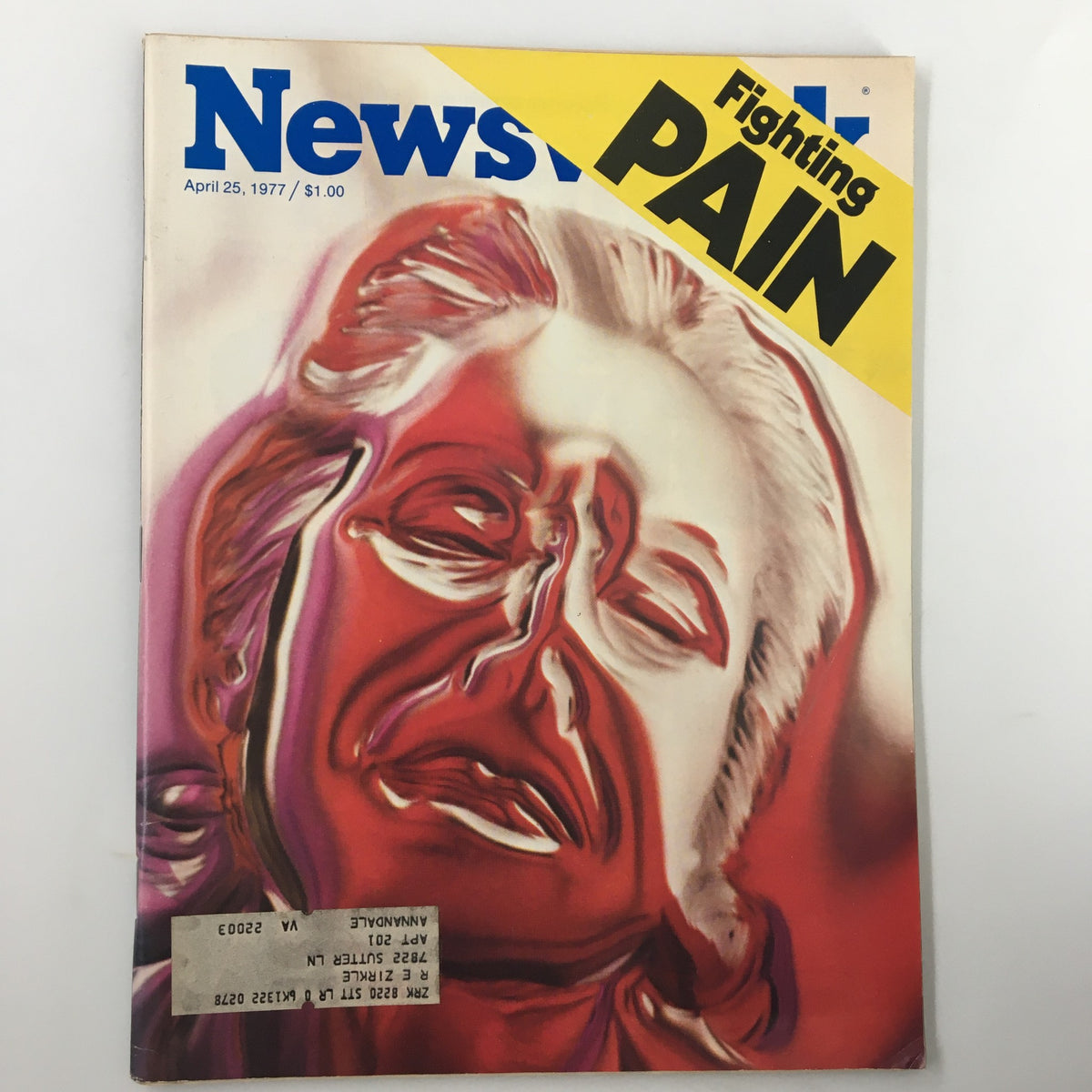 Cover of VTG Newsweek Magazine from April 25, 1977, featuring an article titled 'Fighting The Pain' and a vibrant graphic design. This vintage magazine also includes a piece on a 'Reptile Smuggler', making it a unique historical collectible.