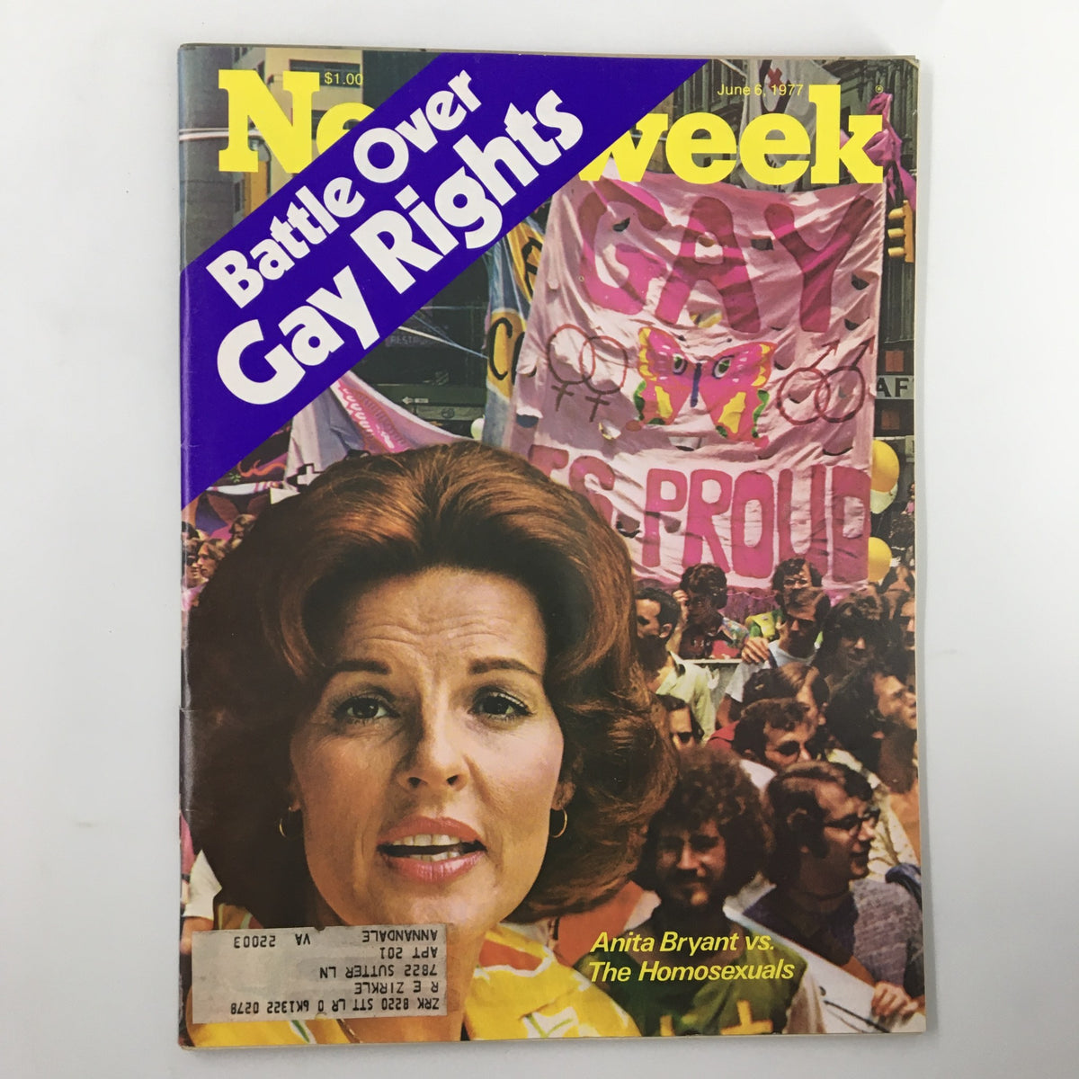 Cover of Newsweek Magazine from June 6, 1977, featuring the title 'Battle Over Gay Rights' and an image of Anita Bryant, alongside protestors with signs in support of LGBTQ+ rights. This issue discusses the conflict between Anita Bryant and the homosexual community, making it a significant historical artifact.