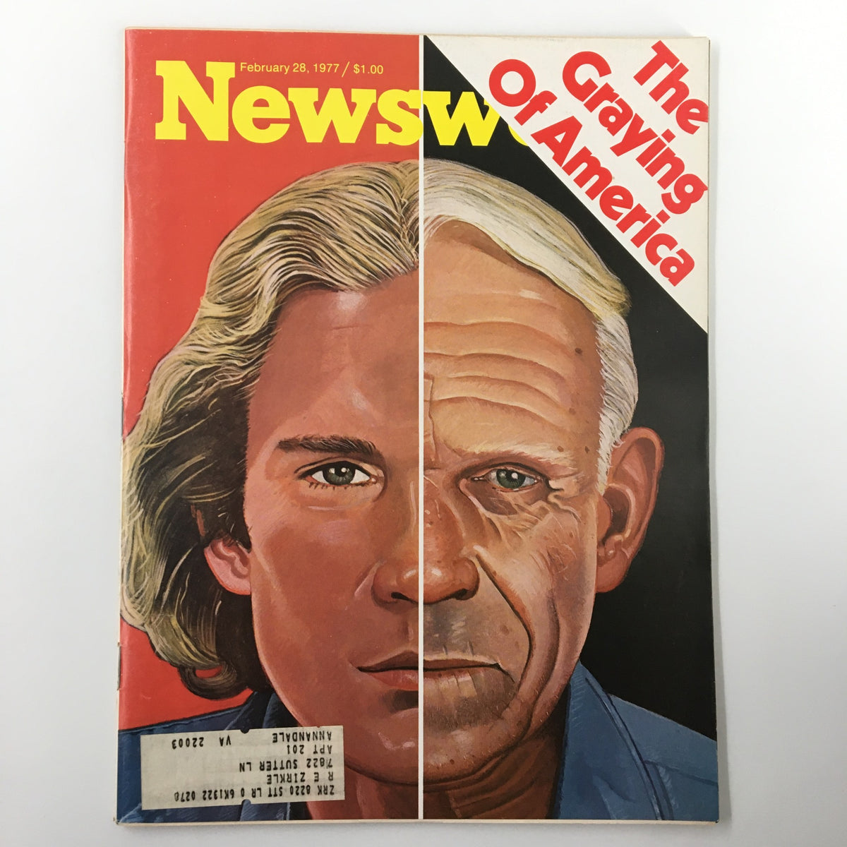 Cover of VTG Newsweek Magazine from February 28, 1977, titled 'The Graying of America', featuring a split image depicting youthful and elderly faces, illustrating the theme of aging in American society.