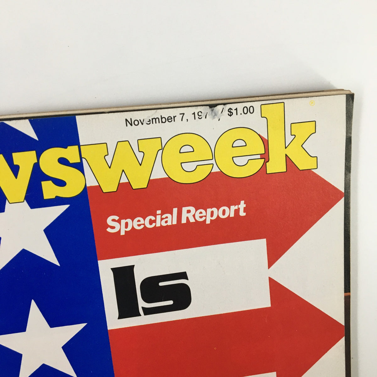 Top view of the VTG Newsweek Magazine from November 7, 1977 with the title 'Is America Turning Right?', showing details of the cover and 'Special Report' label.