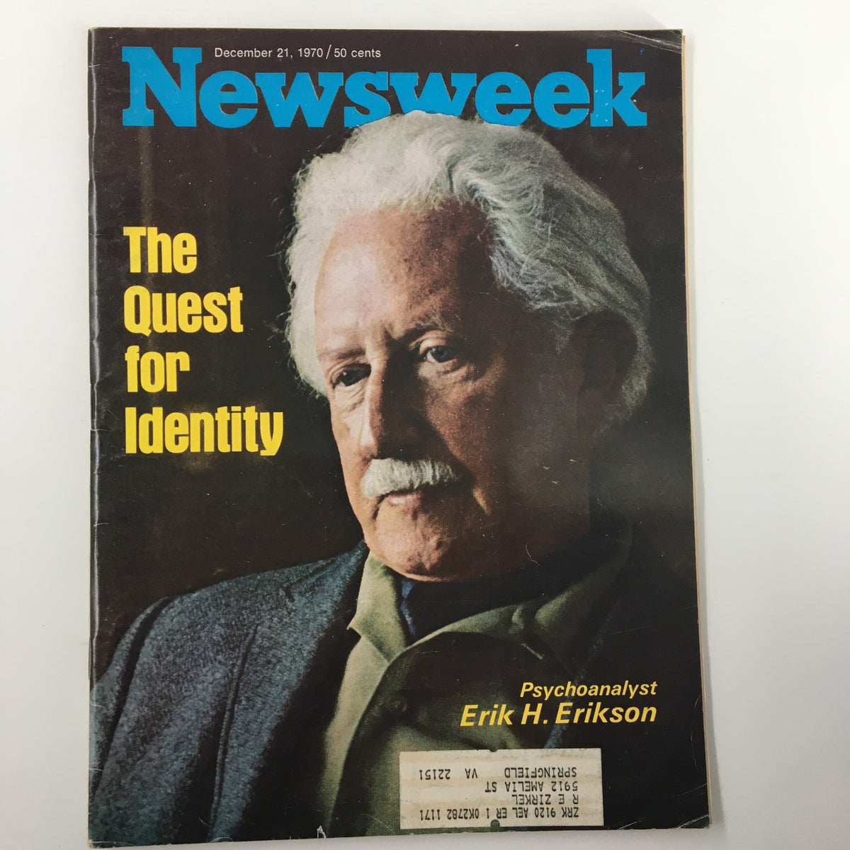 Vintage Newsweek magazine cover from December 21, 1970, featuring the title 'The Quest for Identity' and a portrait of psychoanalyst Erik H. Erikson.