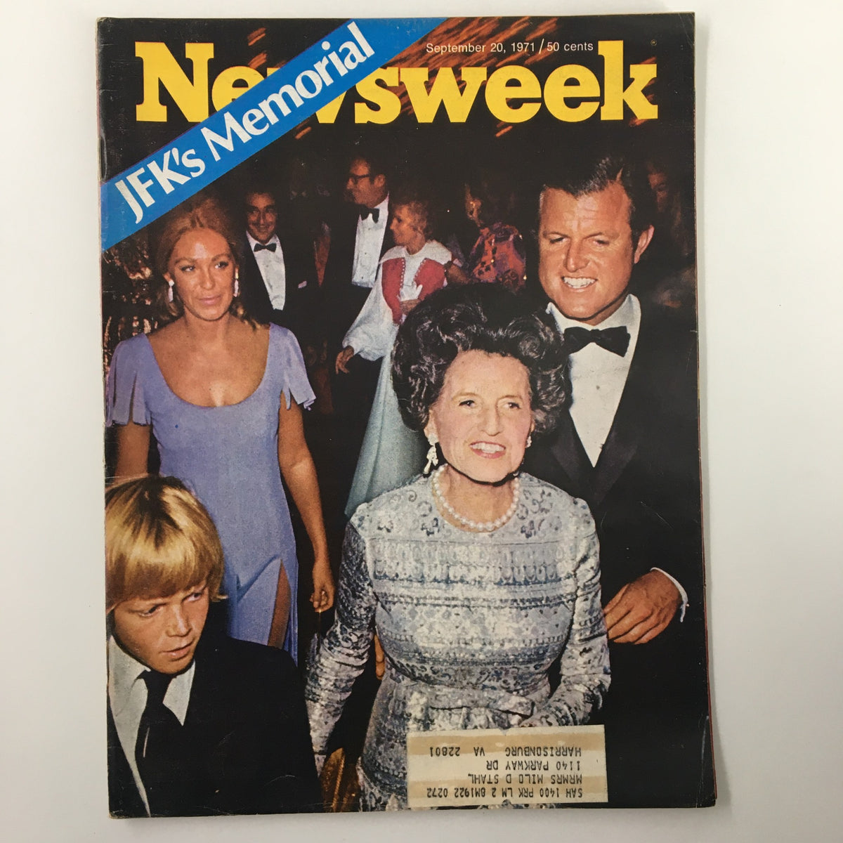 Vintage Newsweek Magazine cover from September 20, 1971, featuring JFK's Memorial. The cover showcases prominent figures at the memorial event, capturing a significant moment in history.