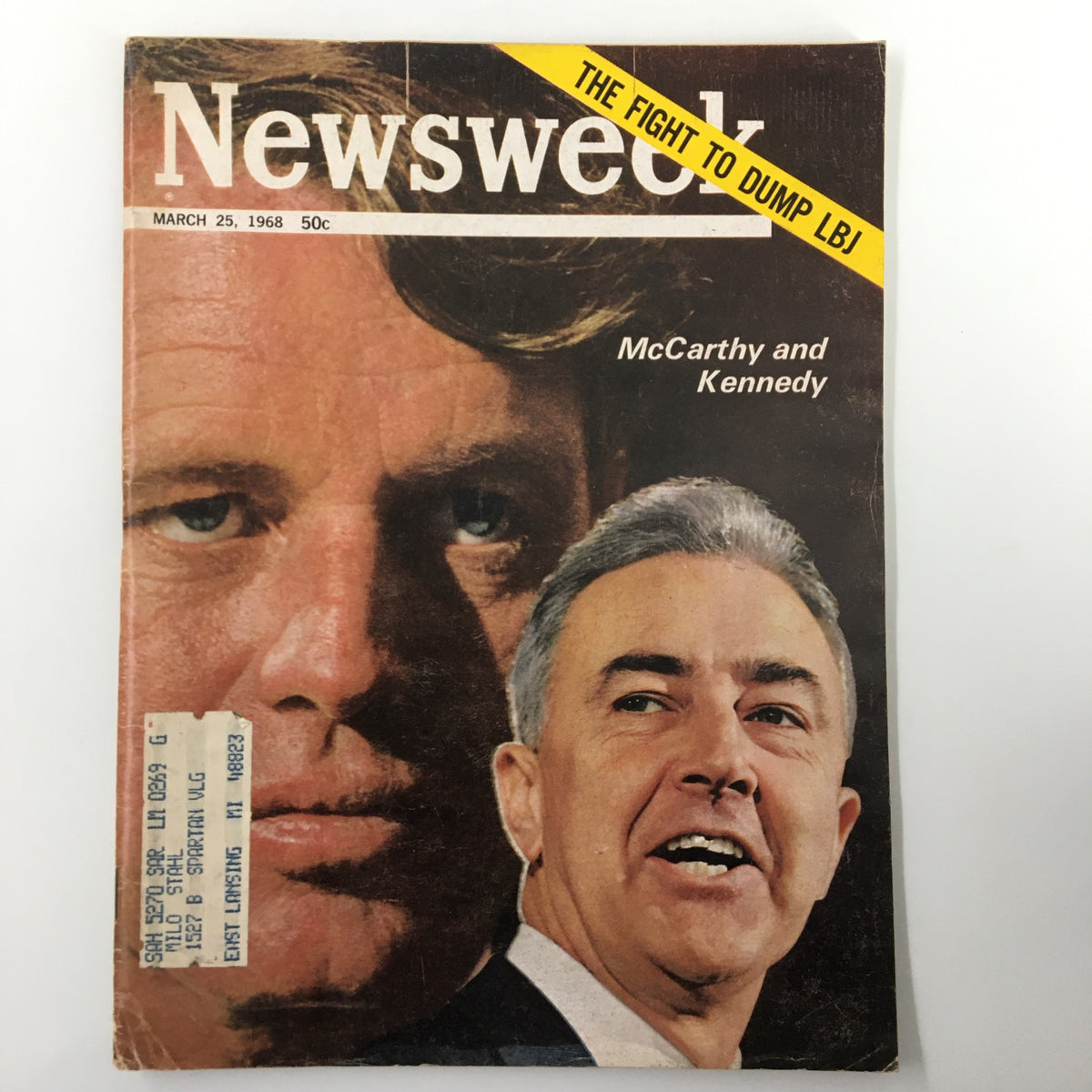 Cover of VTG Newsweek Magazine March 25 1968 featuring McCarthy and Kennedy, highlighting the political climate of the 1960s.