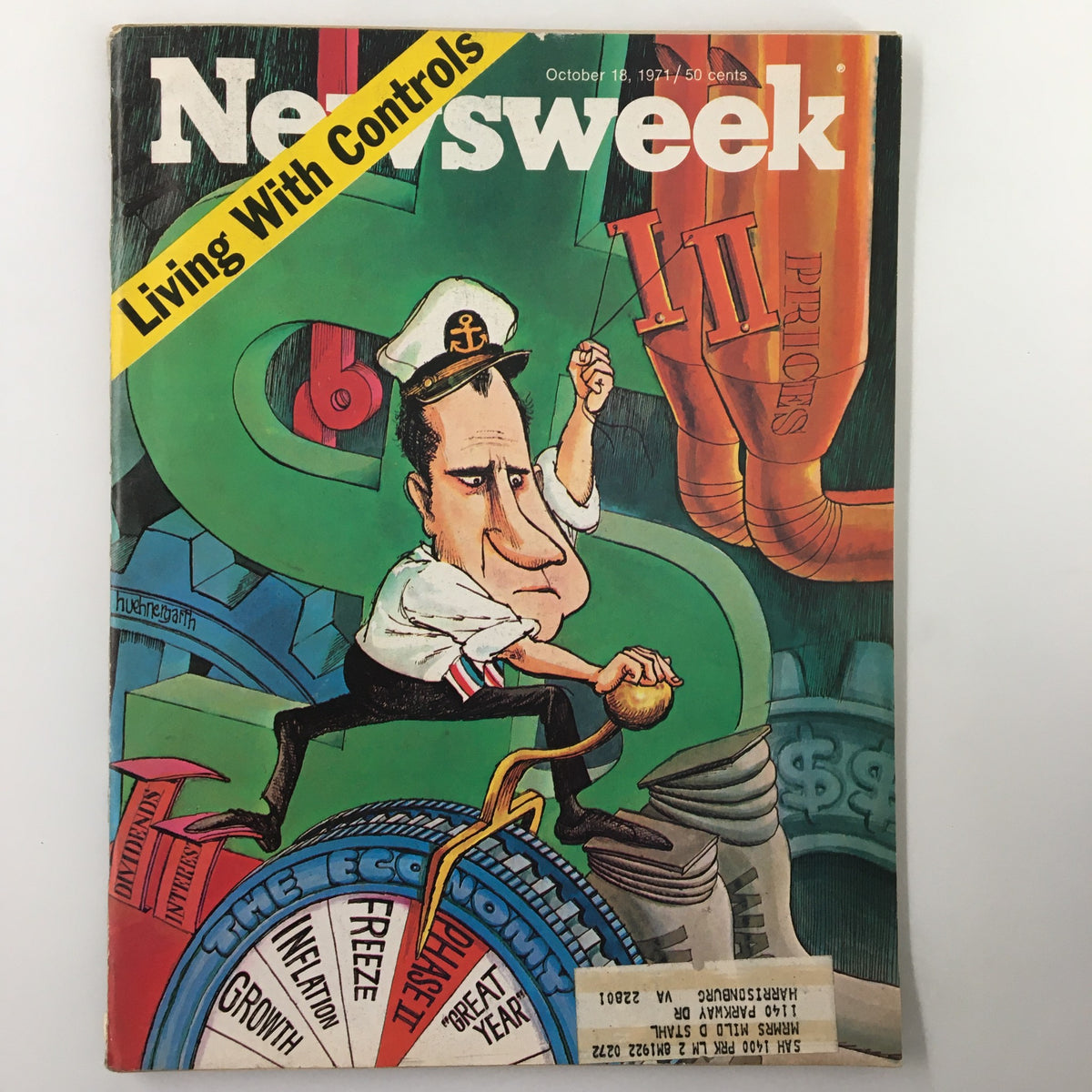 Vintage Newsweek magazine cover dated October 18, 1971, featuring Richard Nixon with the headline 'Living with Controls.' The illustration shows Nixon in a sailor outfit, manipulating an economic wheel symbolizing inflation and price controls, reflecting the political climate of the early 1970s.