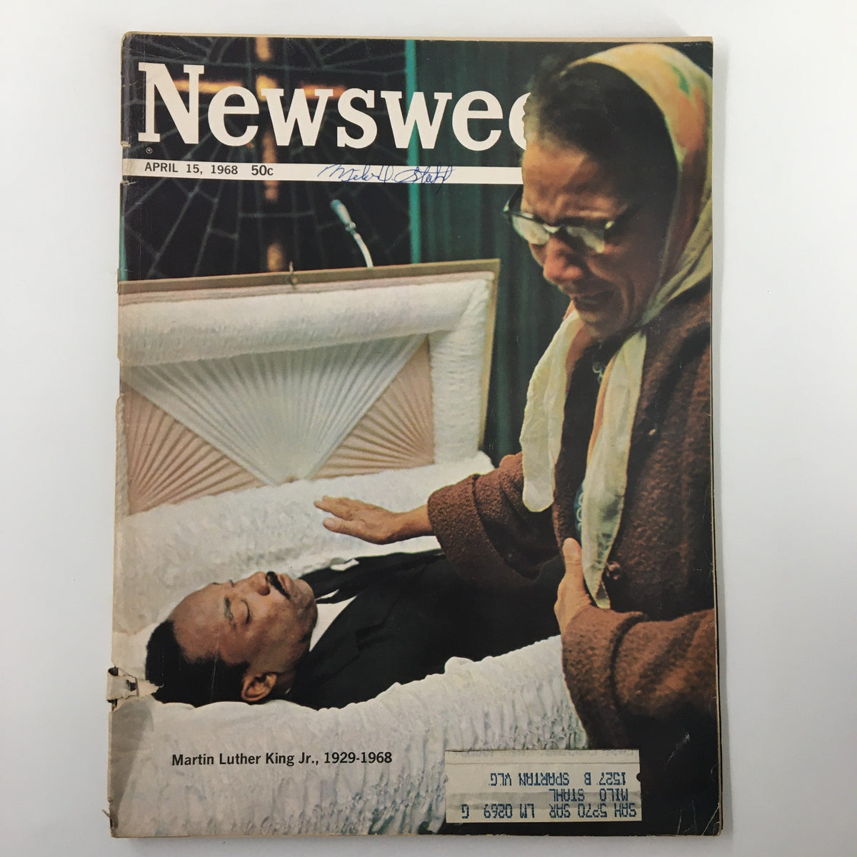 Cover of VTG Newsweek Magazine dated April 15, 1968 featuring Martin Luther King Jr., depicting a woman grieving over his casket.