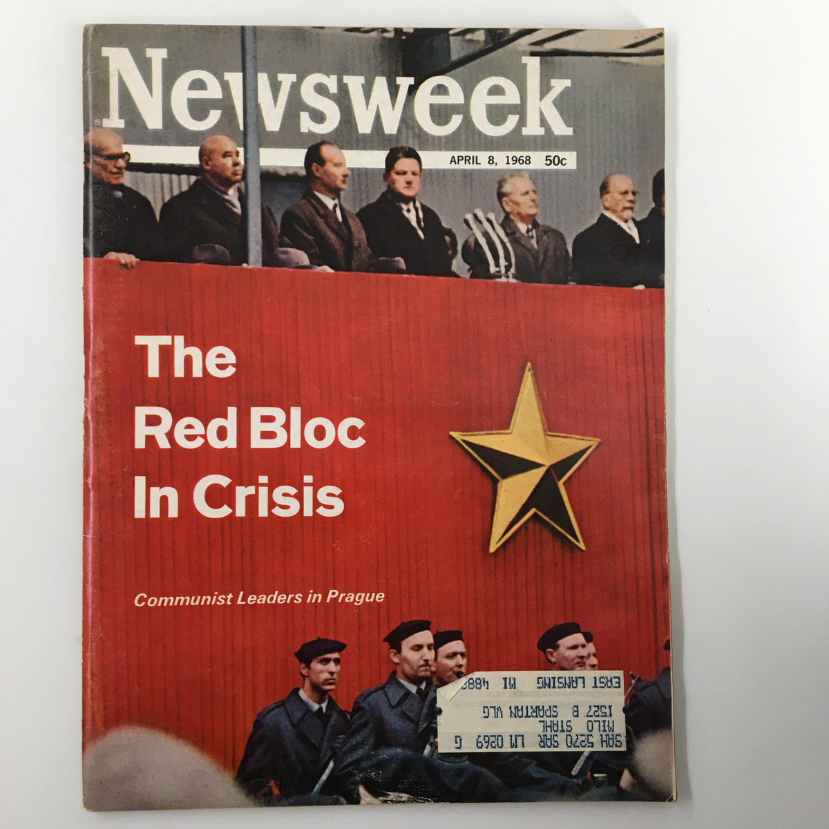 VTG Newsweek Magazine April 8, 1968 cover featuring the title 'The Red Bloc In Crisis' with an image of Communist leaders and a prominent red star emblem.