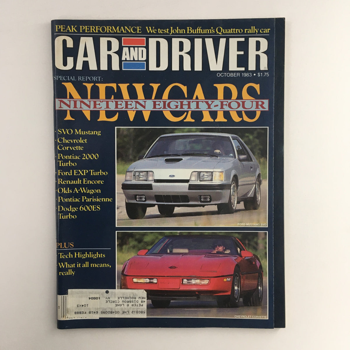 Car and Driver Magazine October 1983 featuring John Buffum's Quattro Rally Car Test, highlighting new cars including Ford Mustang SVO, Chevrolet Corvette, and Pontiac 2000 Turbo. Cover showcases vibrant automotive imagery and detailed features about 1984 car models.