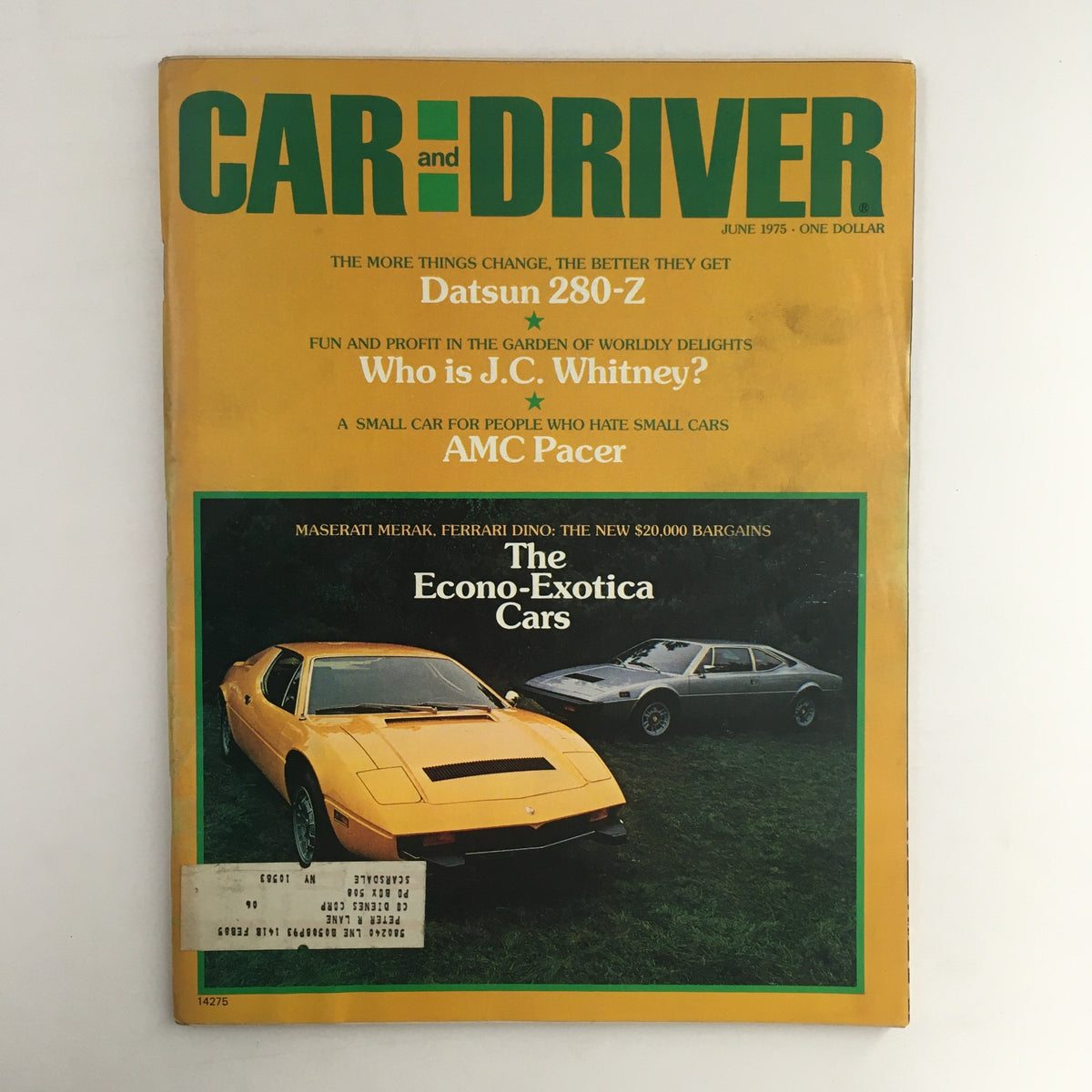 Car and Driver Magazine cover from June 1975 featuring the Datsun 280-Z, AMC Pacer, and Econo-Exotica cars, highlighting automotive innovation of the mid-70s.