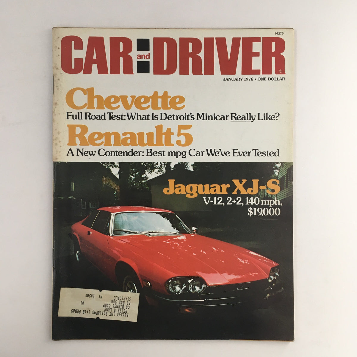 Cover of Car and Driver Magazine January 1976 featuring Chevette, Renault 5, and Jaguar XJ-S V-12. The magazine displays vibrant graphics and highlights automotive features, including a red Jaguar XJ-S.