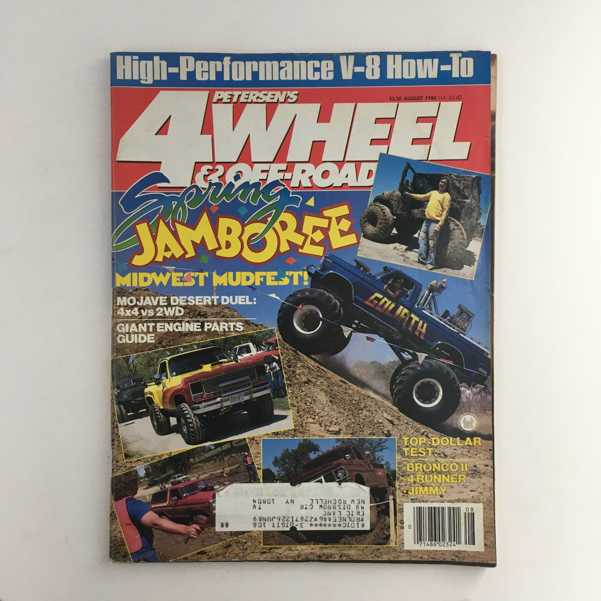 Cover of Petersen's 4 Wheel & Off-Road Magazine August 1986, featuring 'Mojave Desert Duel: 4x4 vs 2WD,' with vibrant graphics highlighting off-road vehicles and adventure themes.