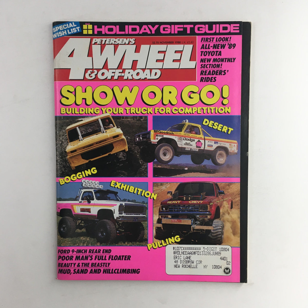Petersen's 4 Wheel & Off-Road Magazine November 1988 cover featuring the title 'Show or Go! Building Your Truck for Competition' with images of off-road trucks, highlighting various competition categories like bogging, exhibition, pulling, and desert racing.