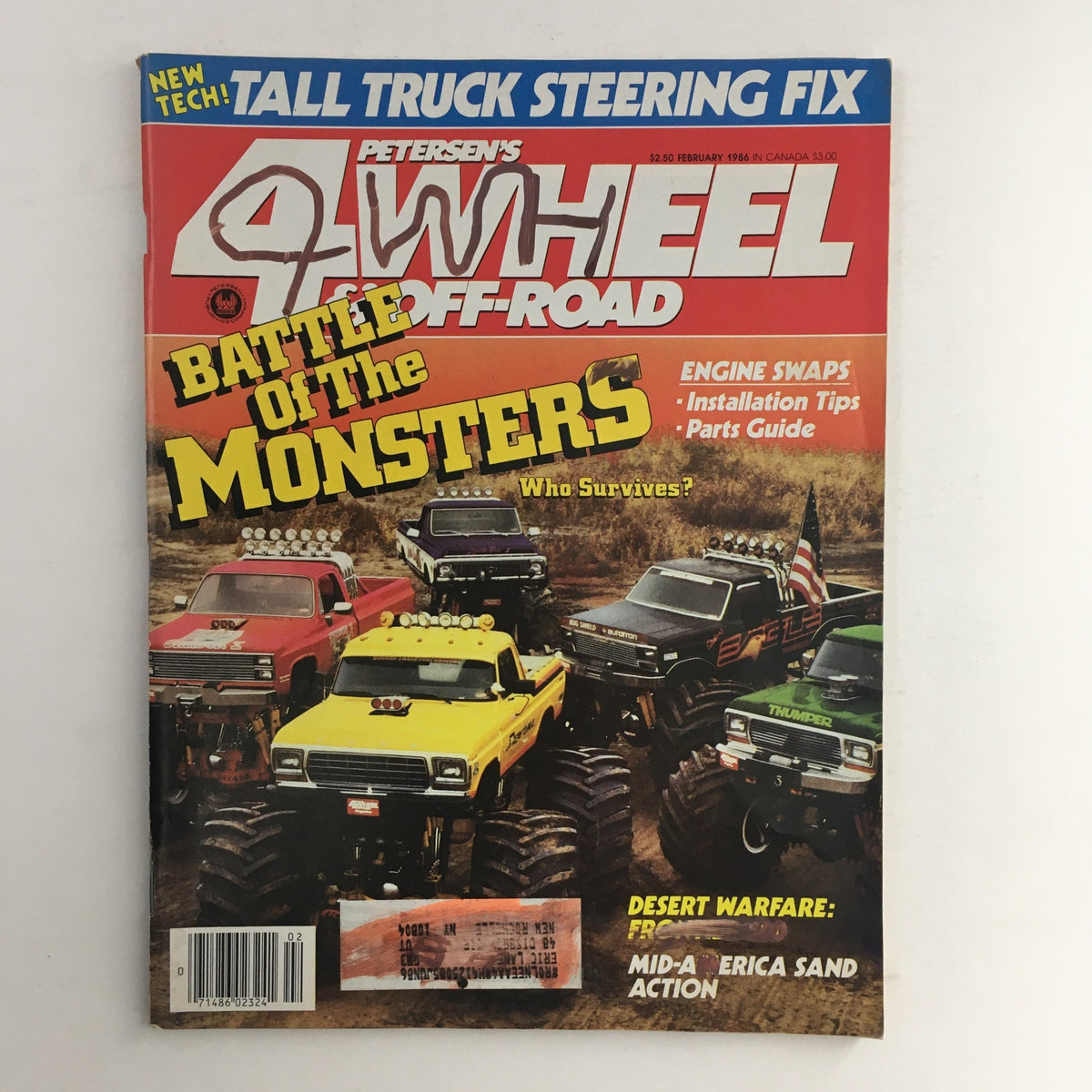 Petersen's 4 Wheel & Off-Road Magazine February 1986 cover featuring the title 'Battle of the Monsters', showcasing monster trucks and off-road vehicles in a rugged terrain, highlighting vintage automotive culture.