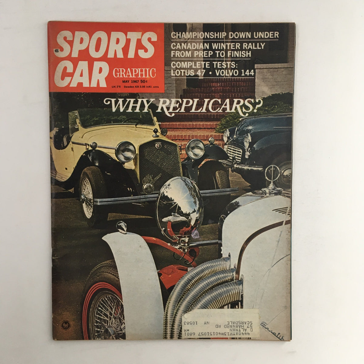 Sports Car Graphic Magazine May 1967 featuring exciting tests of Lotus 47 and Volvo 144, showcasing vintage sports cars on the cover with a focus on replica cars.