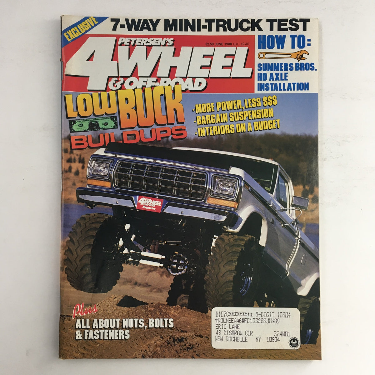 Cover of Petersen's 4 Wheel & Off-Road Magazine June 1988 showcasing low buck buildups and off-road vehicle modifications. Features an image of a rugged truck in a desert landscape with prominent text highlighting budget-friendly automotive tips.