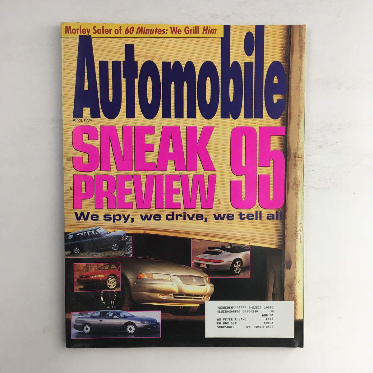 Cover of Automobile Magazine from April 1994 featuring a Sneak Preview of the 1995 car models and a feature on Morley Safer from 60 Minutes. The magazine showcases a vibrant pink and yellow design with images of various cars, highlighting automotive trends from the mid-90s.