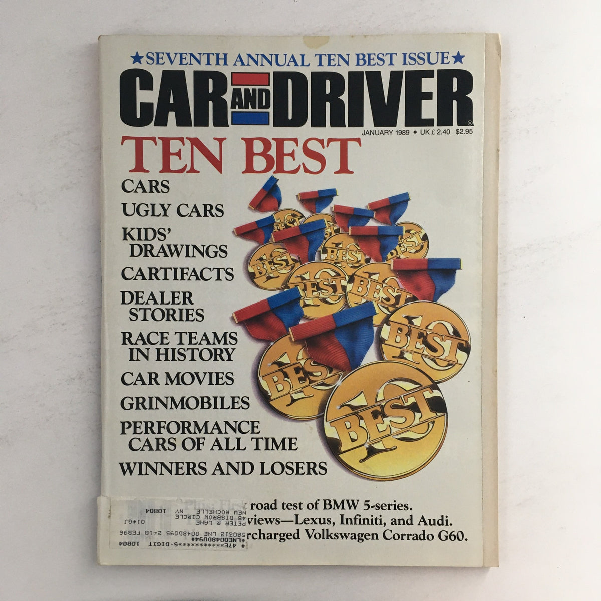 Cover of Car and Driver Magazine January 1989 featuring the title 'TEN BEST' with gold medals and various categories including 'Cars', 'Ugly Cars', and 'Performance Cars of All Time', alongside highlights of Lexus, Infiniti, and the Volkswagen Corrado G60.