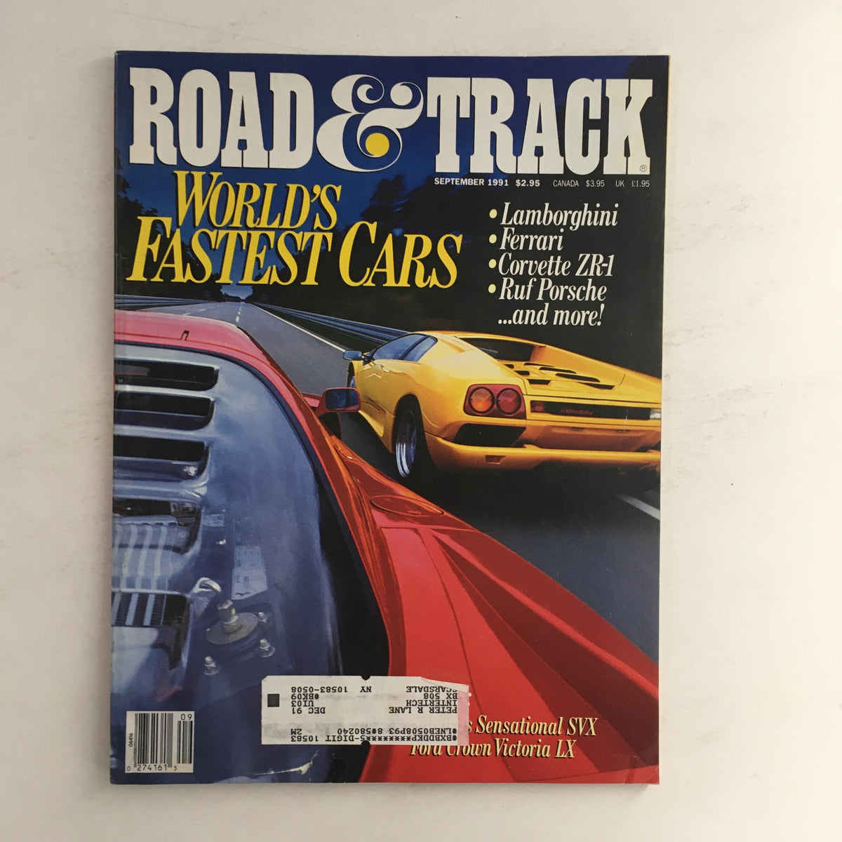 Cover of Road & Track Magazine September 1991 featuring iconic cars like Lamborghini, Ferrari, and Corvette ZR-1 with vibrant graphics and the title 'World's Fastest Cars'