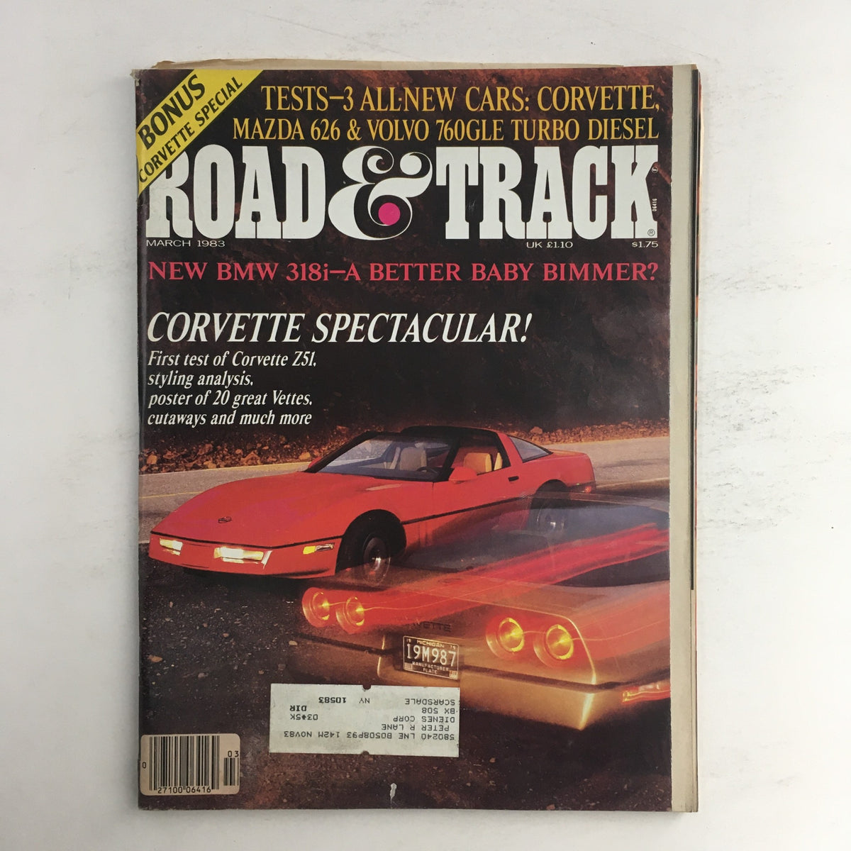 Road & Track Magazine March 1983 featuring Corvette, Mazda 626, and Volvo 760GLE Turbo Diesel on the cover, showcasing automotive highlights from the early 80s.