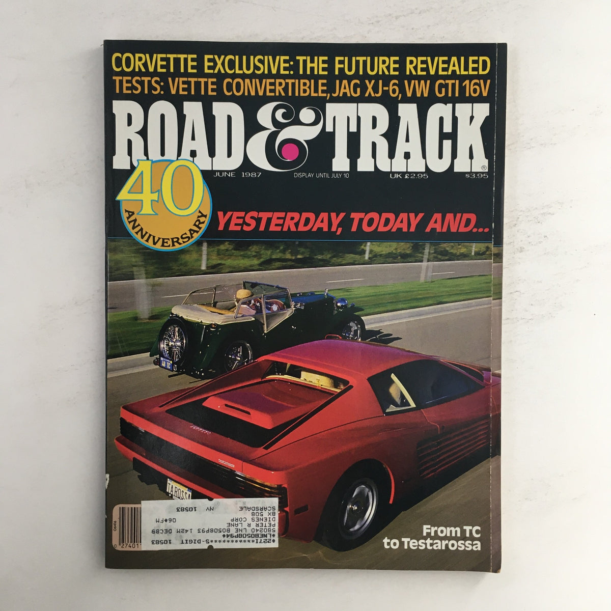 Cover of Road & Track Magazine June 1987 featuring Corvette Convertible, Jaguar XJ-6, VW GTI 16V, celebrating the 40th anniversary with highlights of automotive history.