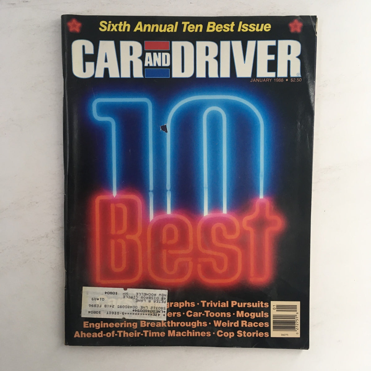 Cover of Car and Driver Magazine January 1988, featuring the Sixth Annual Ten Best Issue with bold neon graphics showcasing '10 Best'. Vintage publication highlighting automotive excellence.