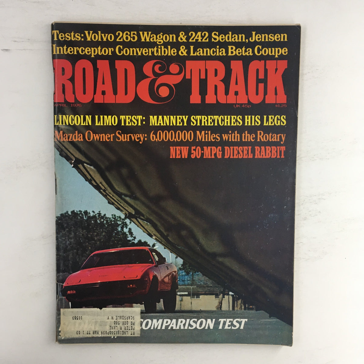 Cover of Road & Track Magazine, April 1975 issue featuring tests of Volvo 265 Wagon, Lancia Beta, and 242 Sedan, with articles on automotive performance and design.