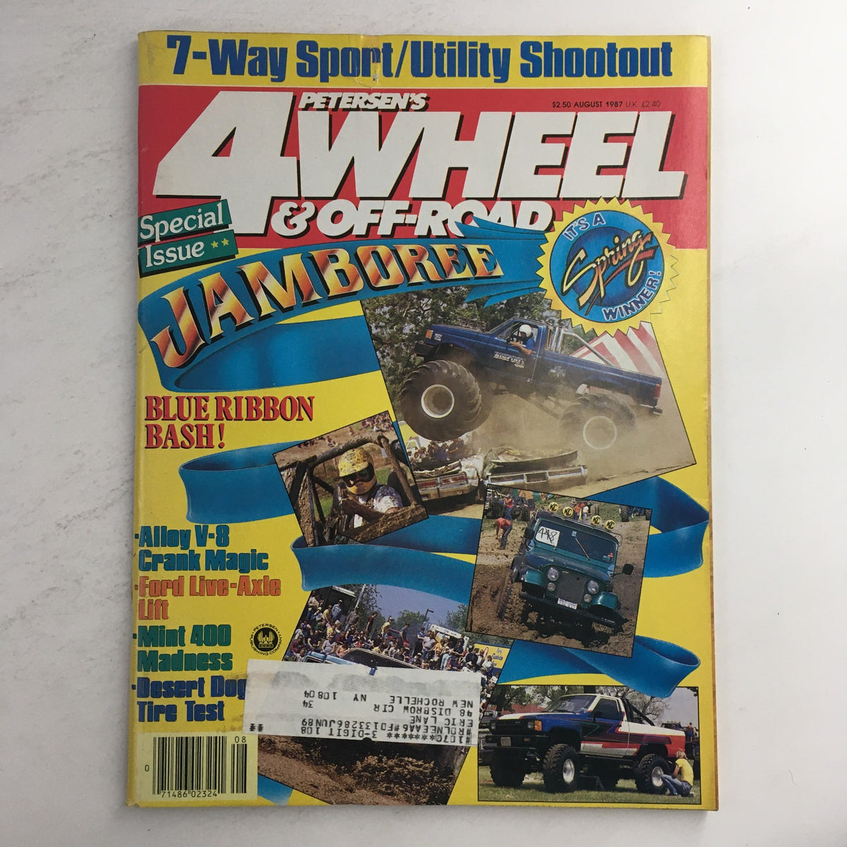 Cover of Petersen's 4 Wheel & Off-Road Magazine, August 1987, featuring Alloy V8 Crank Magic Jamboree, showcasing off-road vehicles and events in a vibrant layout.
