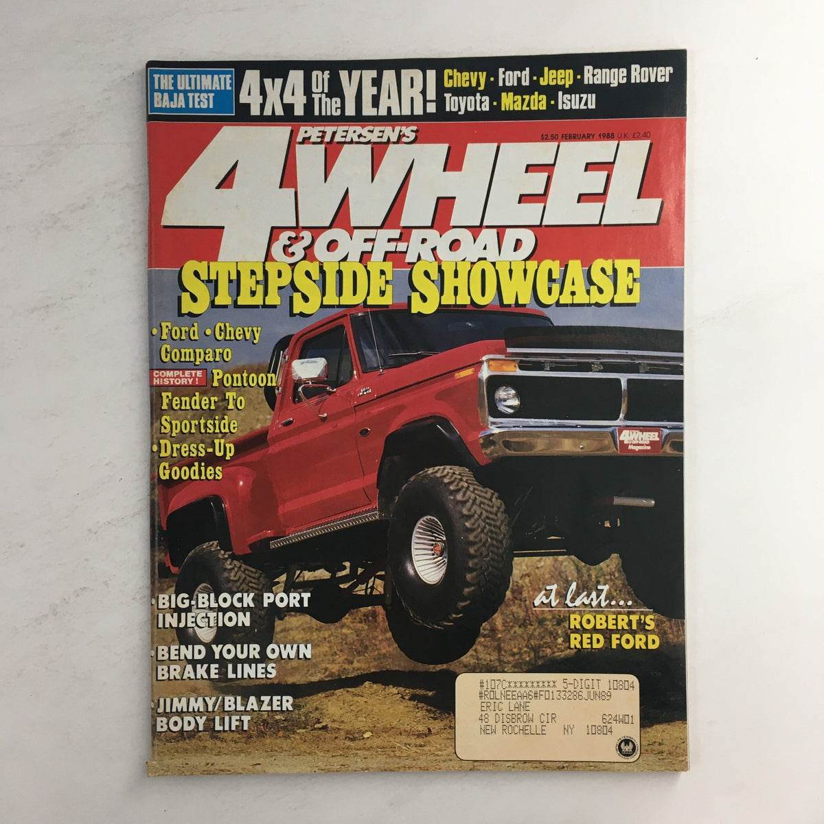 Cover of Petersen's 4 Wheel & Off-Road Magazine, February 1988 edition featuring a StepSide Showcase and Baja Test. The magazine showcases a vintage off-road vehicle in a rugged outdoor setting, highlighting the culture of classic vehicles and off-roading during the late 80s.
