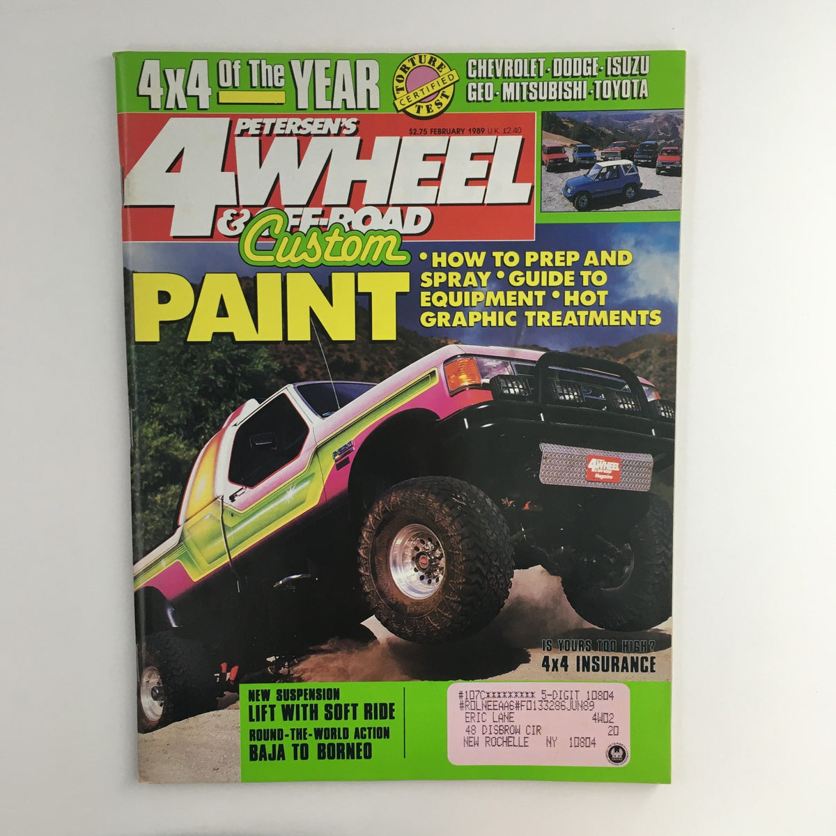 Cover of Petersen's 4 Wheel & Off-Road Magazine February 1989 featuring bold text 'How to Prep and Spray', with a vibrant off-road vehicle in action, showcasing the culture of automotive customization and off-roading in the late 80s.