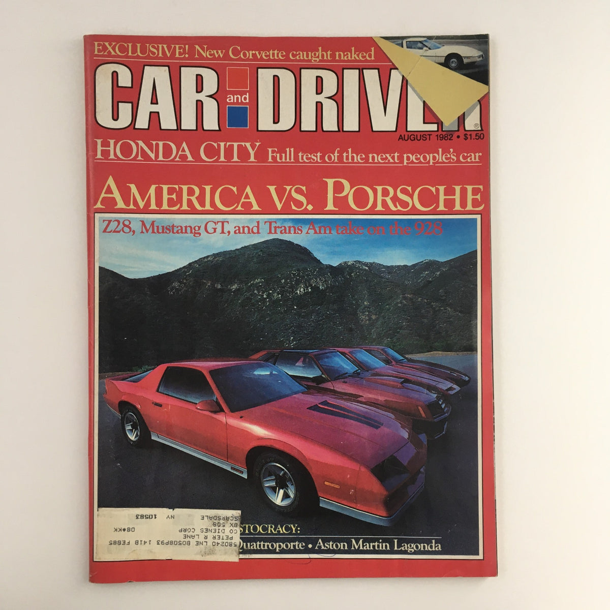Car and Driver Magazine August 1982 cover featuring a comparison of Z28, Mustang GT, and Trans Am against the Porsche 928, showcasing the automotive culture of the early 1980s.