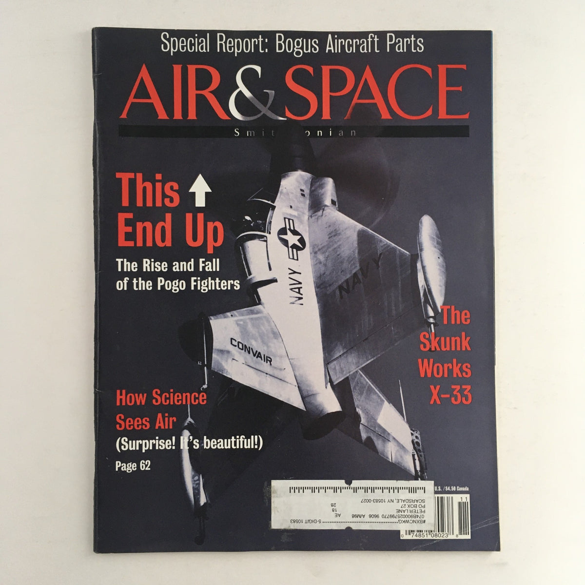 Cover of Air & Space Smithsonian Magazine November 1996 featuring The Skunk Works X-33 Navy Convair, showcasing notable headlines on aircraft and science.