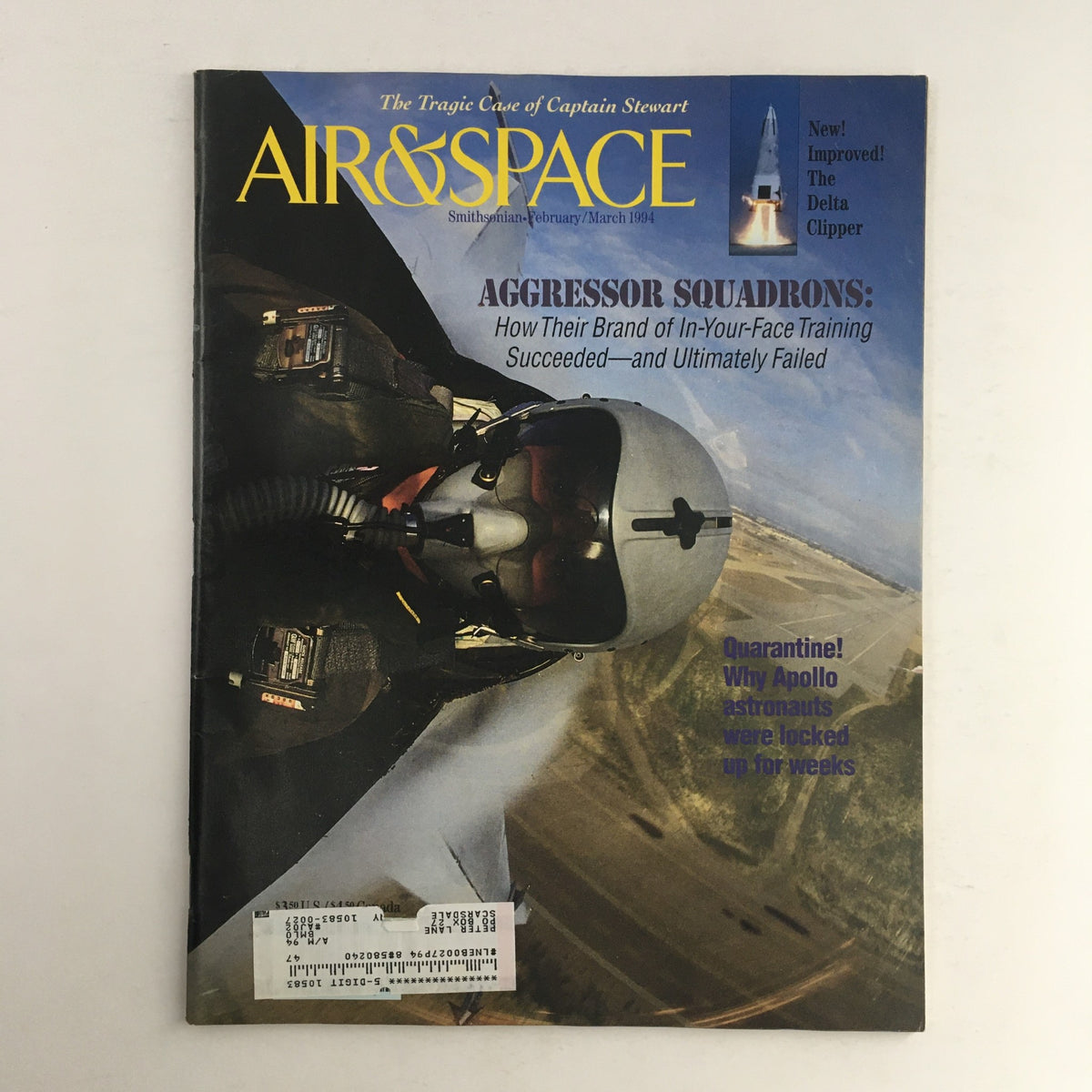 Cover of Air & Space Smithsonian Magazine, March 1994, featuring the article on Apollo astronauts in quarantine. The image shows a helmeted pilot and includes headlines about aggressor squadrons and the Delta Clipper.