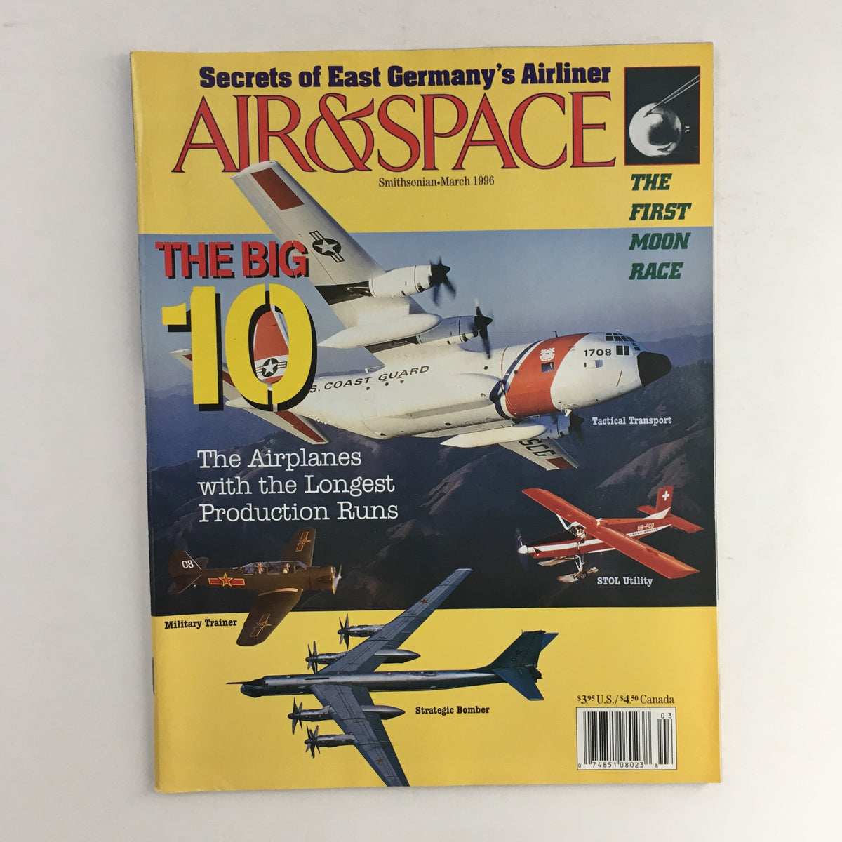 Cover of Air & Space Smithsonian Magazine March 1996 featuring the title "The First Moon Race" and topics on military aircraft including Tactical Transport and Strategic Bomber.