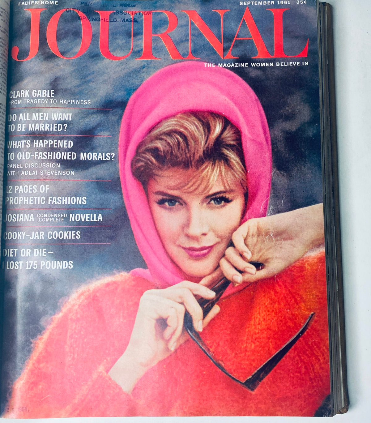 Ladies' Home Journal Bound Magazine, September 1961 issue highlighting a fashionable woman in a pink scarf and red sweater with sunglasses.