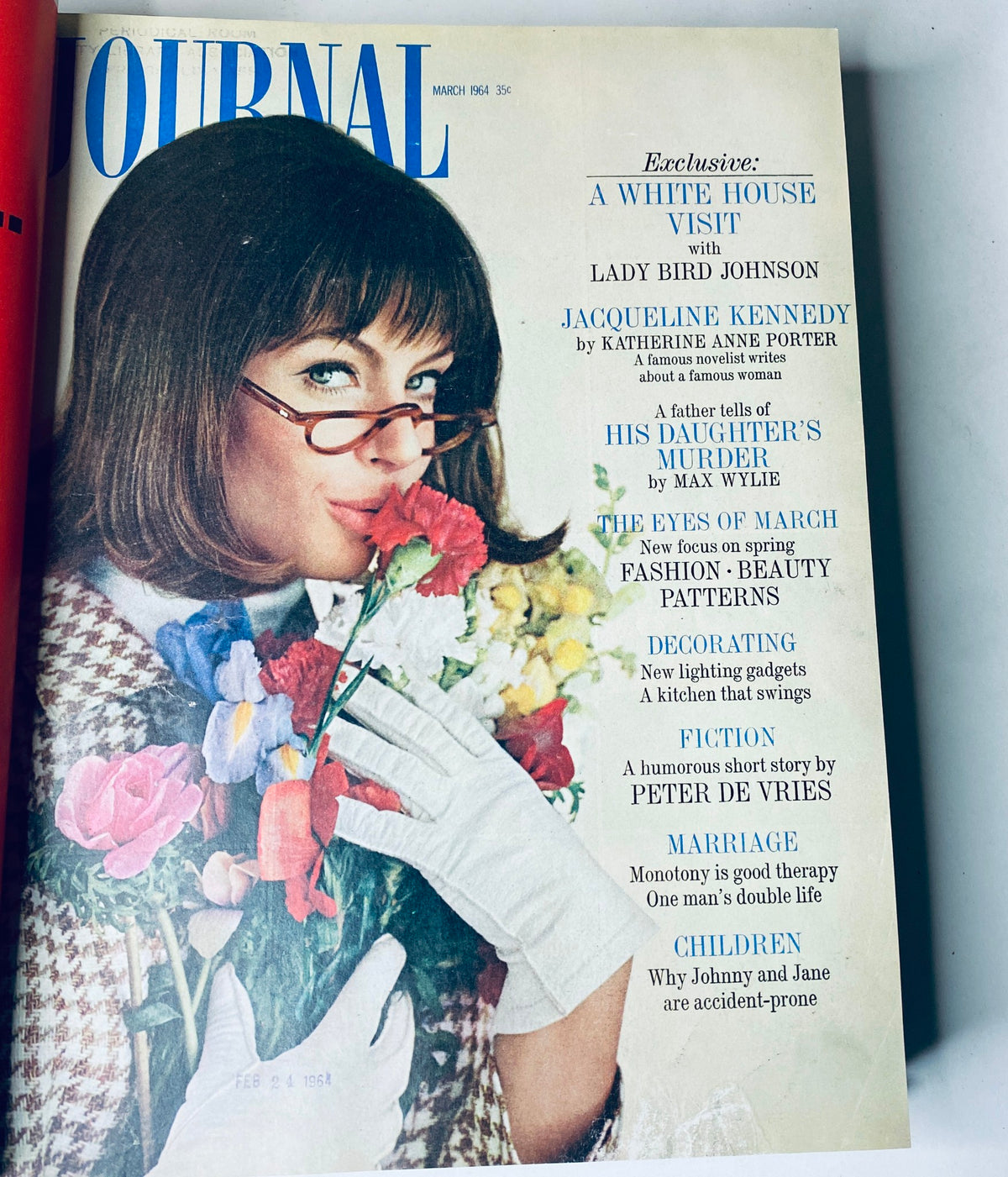 Cover of Ladies' Home Journal March 1964 featuring a woman holding flowers, highlighting articles on spring fashion and Lady Bird Johnson.