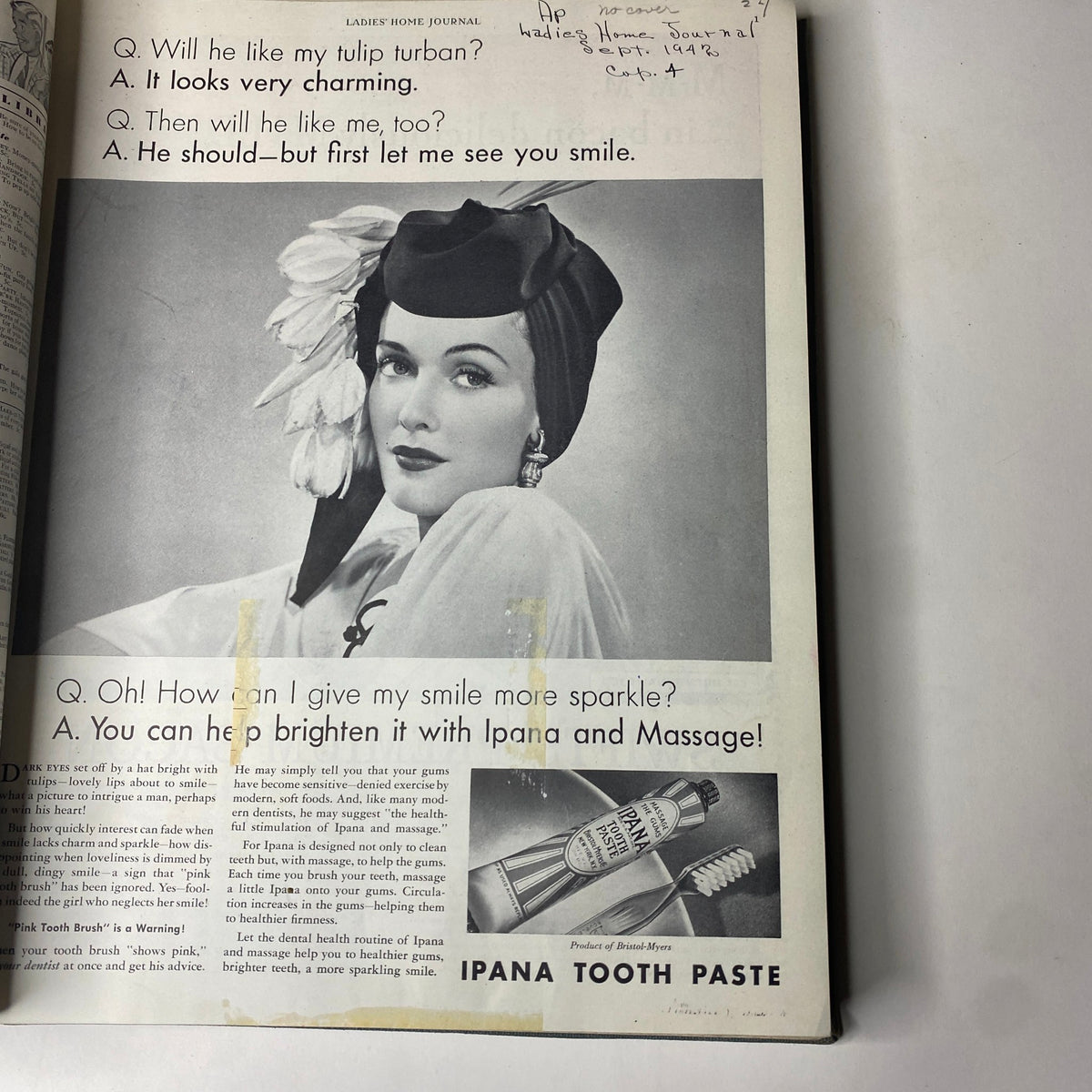 Interior page from Ladies' Home Journal Library Bound Magazine 1942, featuring a vintage advertisement for Ipana Tooth Paste, highlighting beauty and health tips.