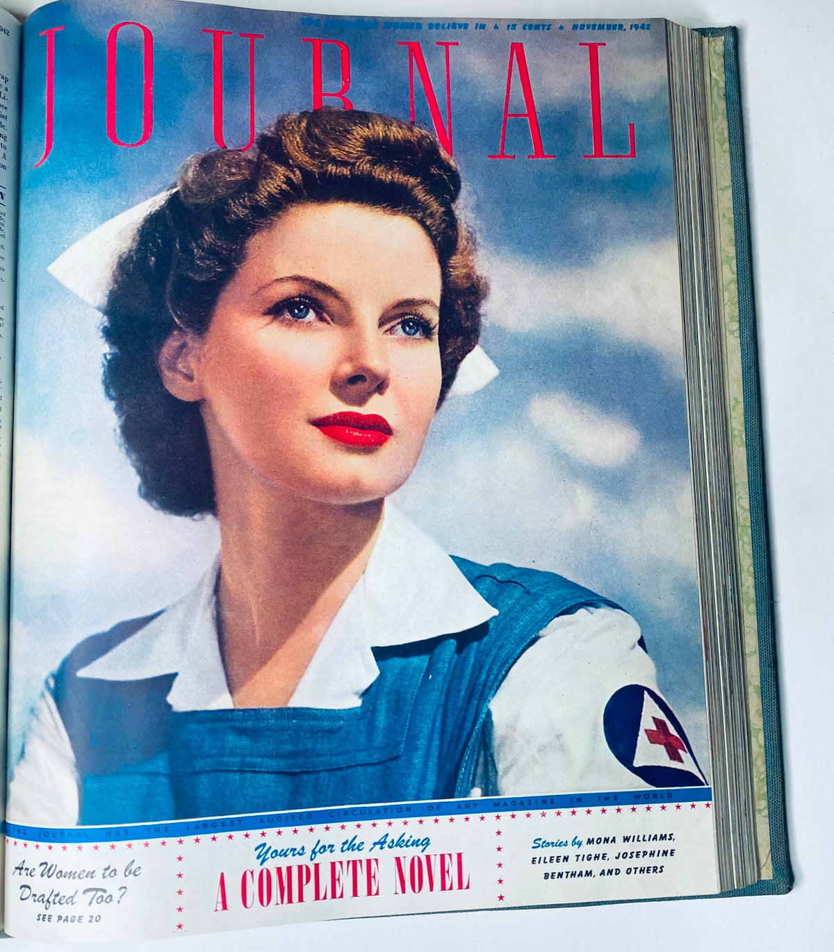 Ladies' Home Journal Library Bound Magazine 1942 - November cover featuring a portrait of a woman in a nurse's uniform with bold lettering.