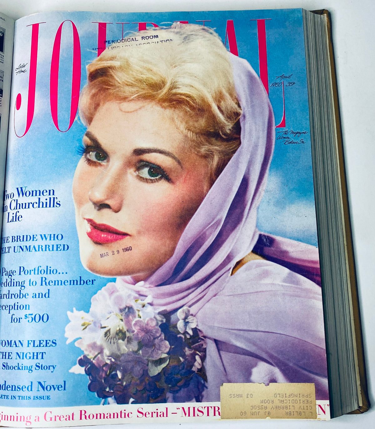 Ladies' Home Journal Bound Magazine 1960 cover displaying a glamorous woman with blonde hair and a lavender scarf, highlighting the April issue.