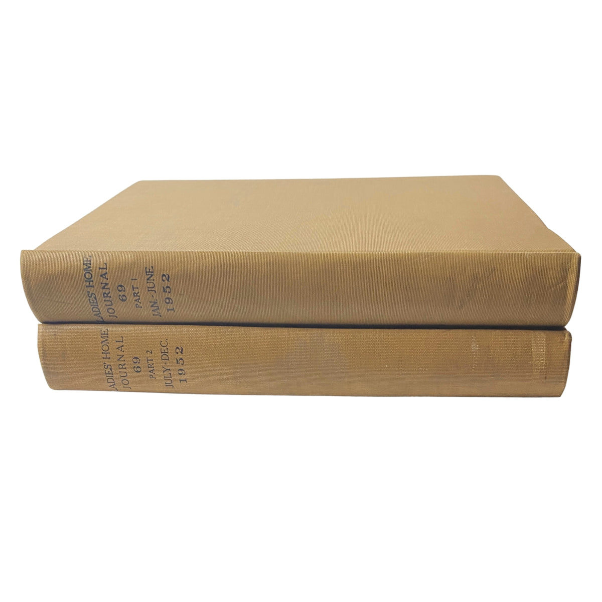 Ladies' Home Journal Library Bound Magazine 1952 set, featuring two bound volumes for January to December, showcasing vintage magazine aesthetics.