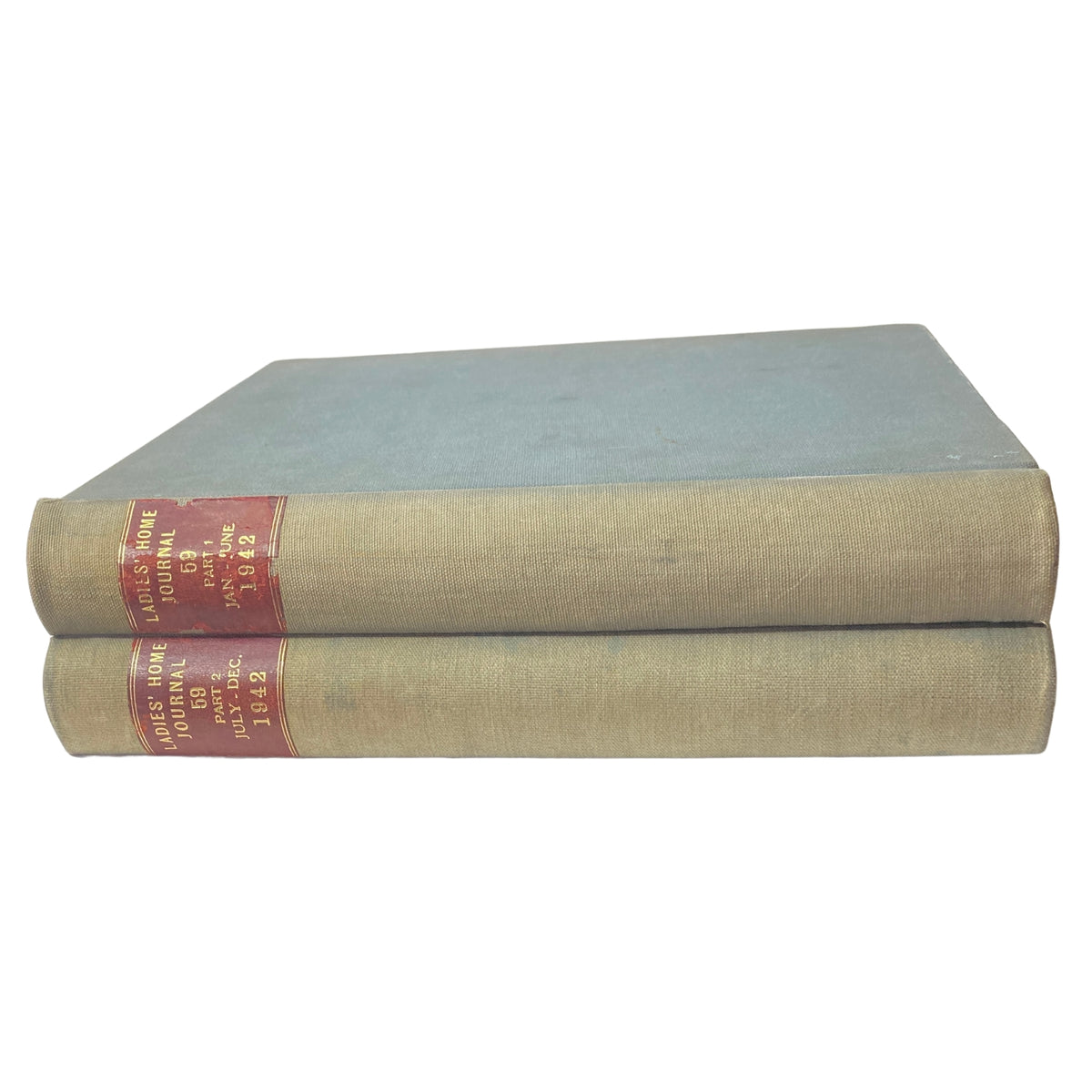 Ladies' Home Journal Library Bound Magazine 1942 complete year volume, showcasing the exterior of two bound books from January to December. Ideal for collectors, this set highlights American culture during World War II.