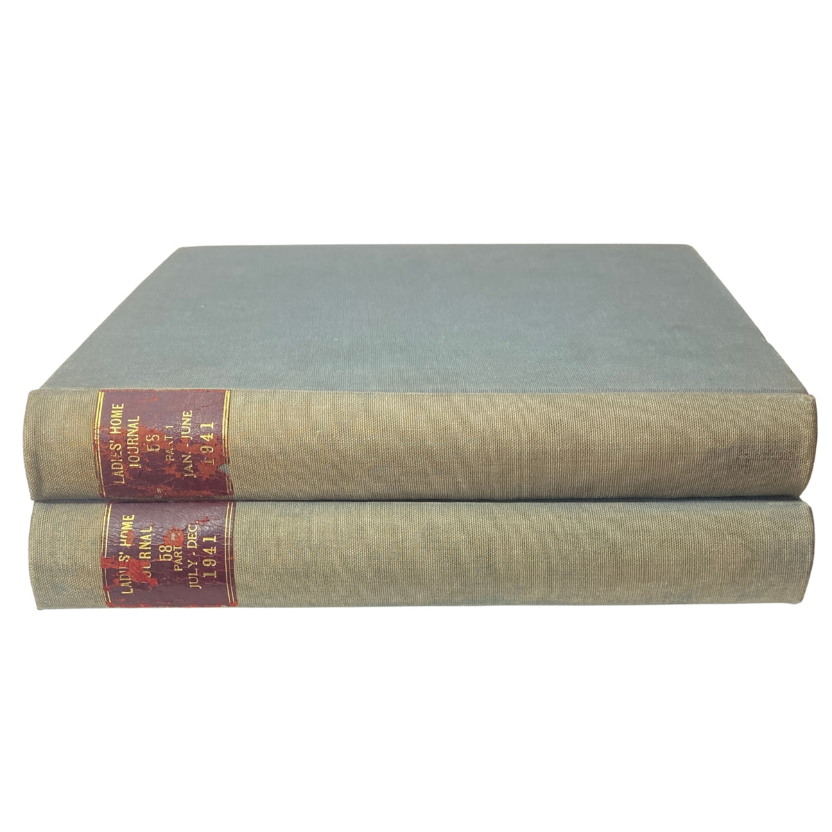 Ladies' Home Journal Library Bound Magazine 1941 Full Year January - December, featuring two bound volumes showcasing vintage magazine covers with a classic design, ideal for collectors.