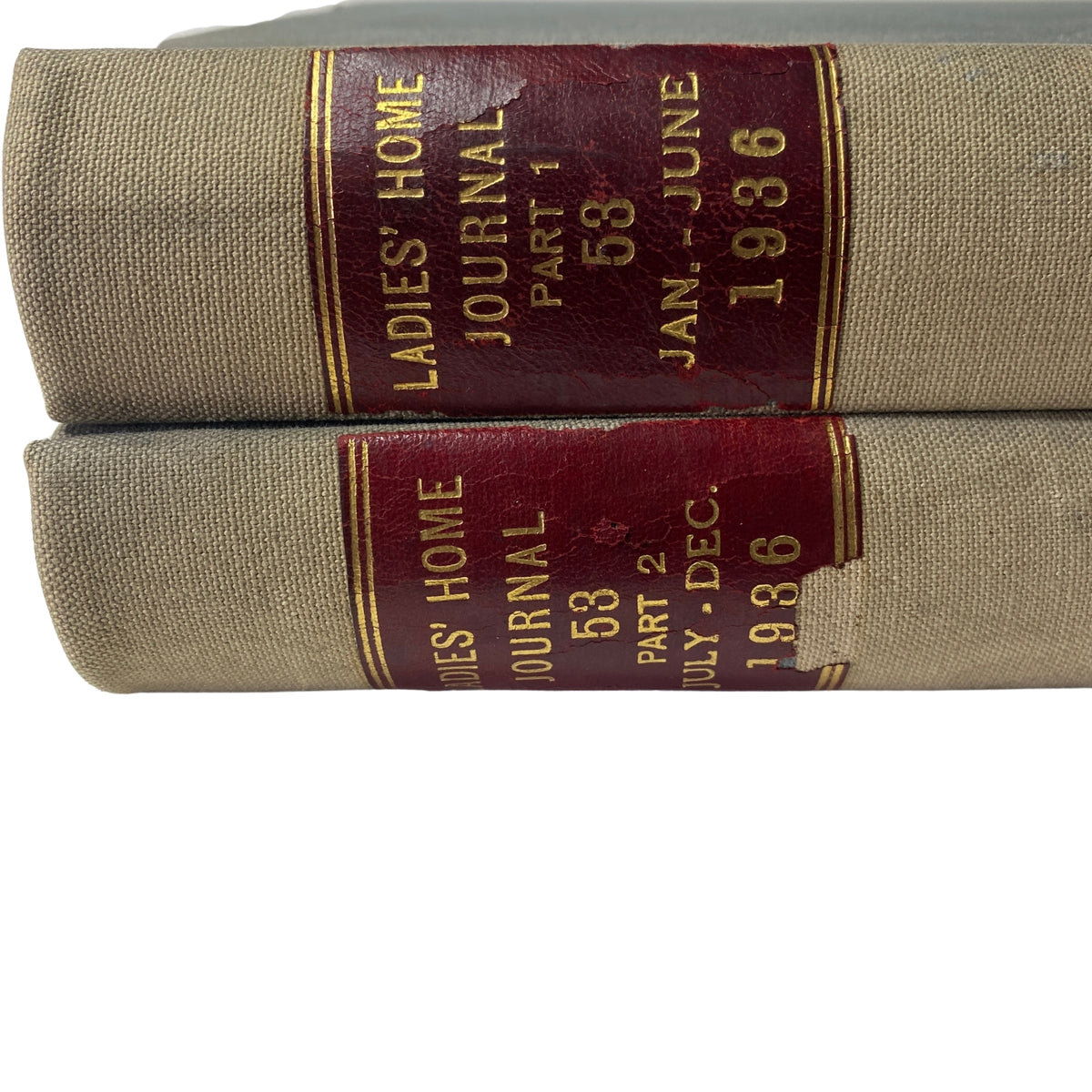 Ladies' Home Journal Library Bound Magazine 1936 Full Year January - December, displaying the top view of the bound volumes with distinct labels for January to June and July to December.