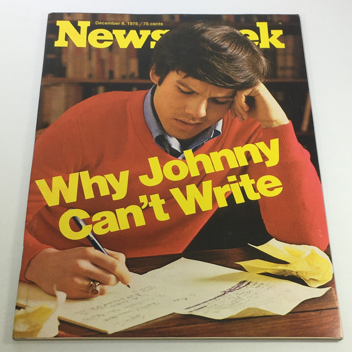 VTG Newsweek Magazine Cover from December 8, 1975, featuring the headline 'Why Johnny Can't Write,' showcasing a young man thoughtfully writing at a desk.