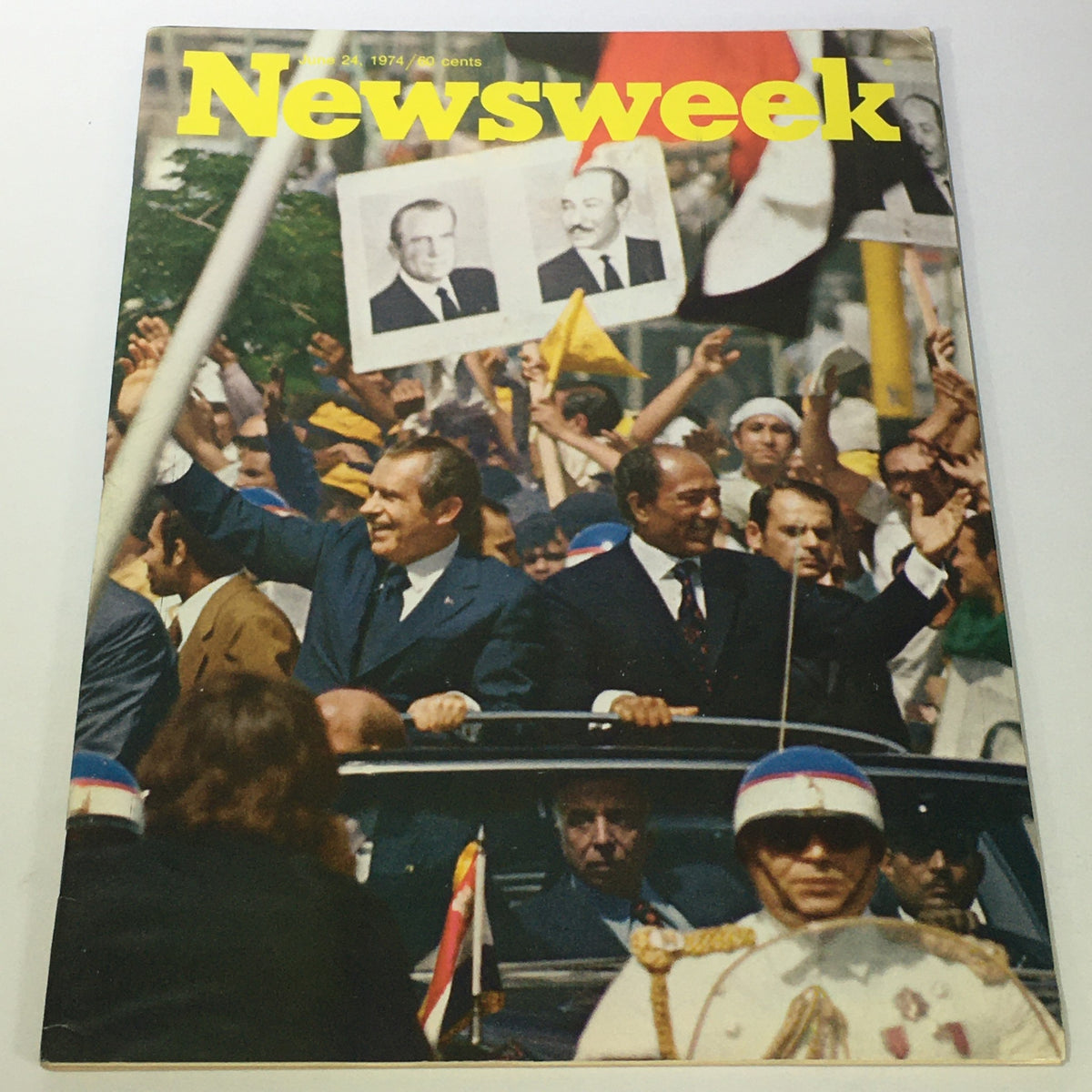 VTG Newsweek Magazine Cover from June 24, 1974 featuring Richard Nixon on tour during a public event, with crowds and banners in the background. A significant historical artifact reflecting the political atmosphere of the 1970s.