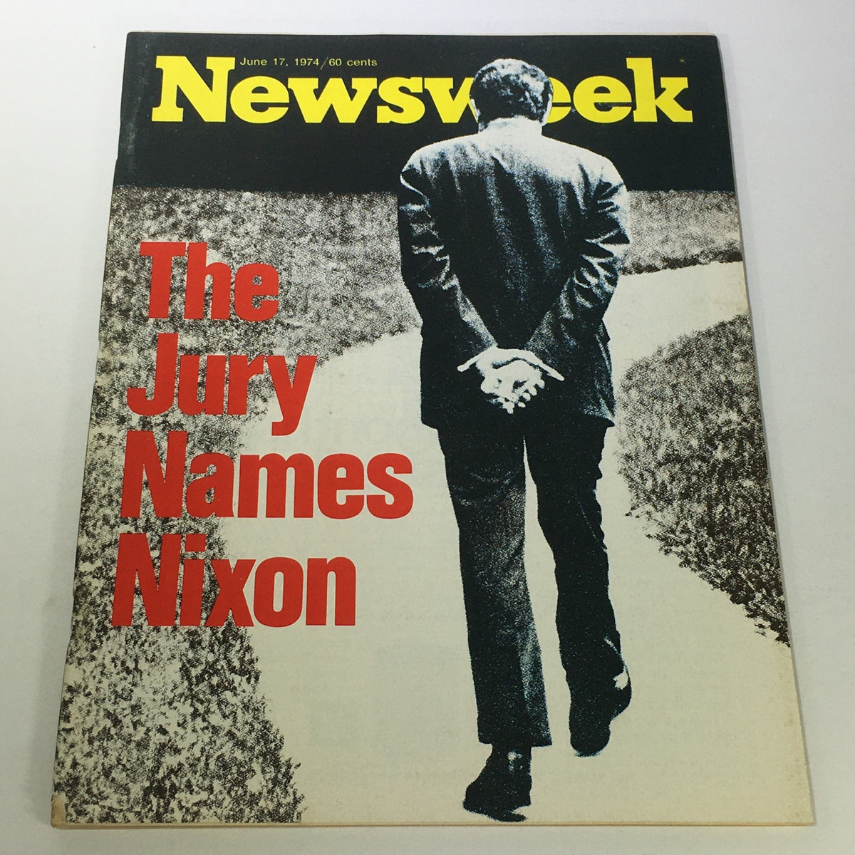 VTG Newsweek Magazine June 17 1976 cover featuring the headline 'The Jury Names Nixon,' showcasing a man with hands behind his back walking on a path.