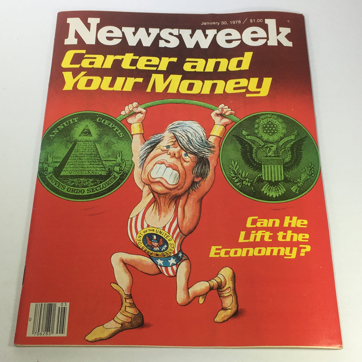 VTG Newsweek Magazine January 30, 1978 cover featuring cartoon illustration of Jimmy Carter as a cartoon hero lifting dollar coins, with the headline 'Carter and Your Money' and question 'Can He Lift the Economy?'